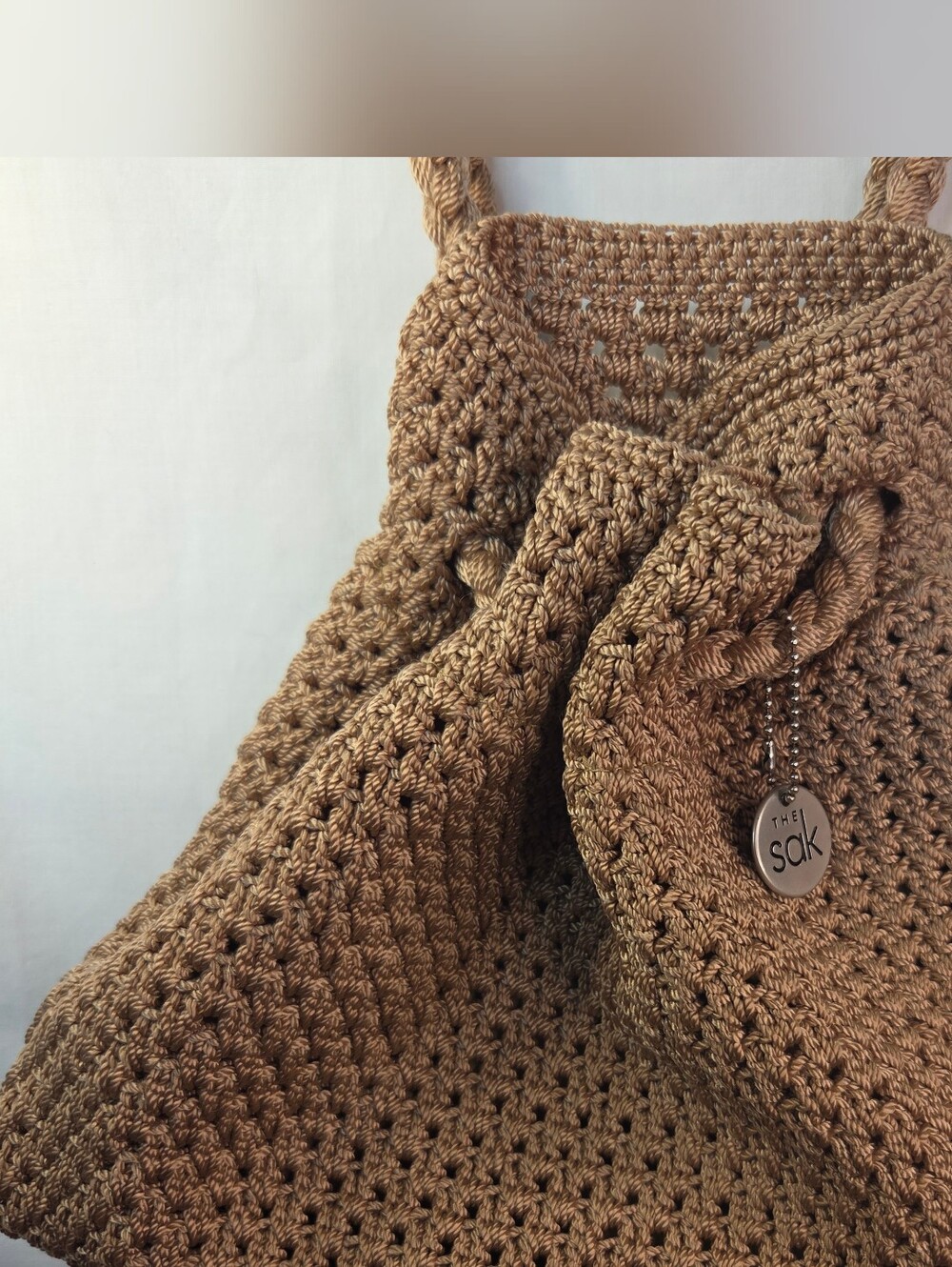 Vintage The Sak Crochet Drawstring Backpack Bucket Bag Beige Bohemian Shoulder